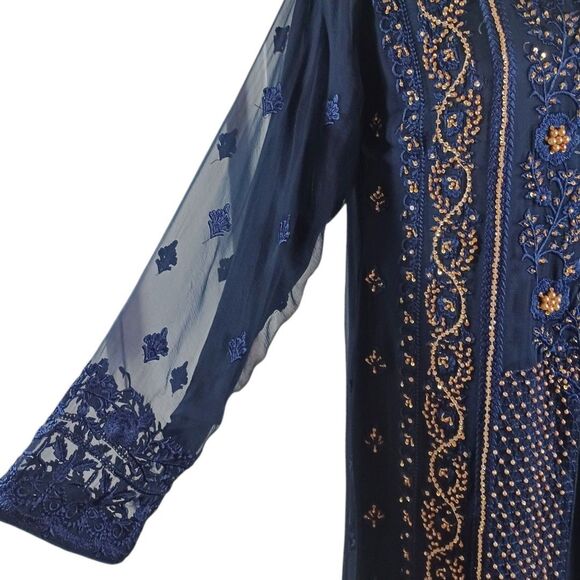 Zoon Collection Navy Embroidered Tunic Dress – Gold Sequin Overlay, Sheer Lace M - Picture 3 of 9